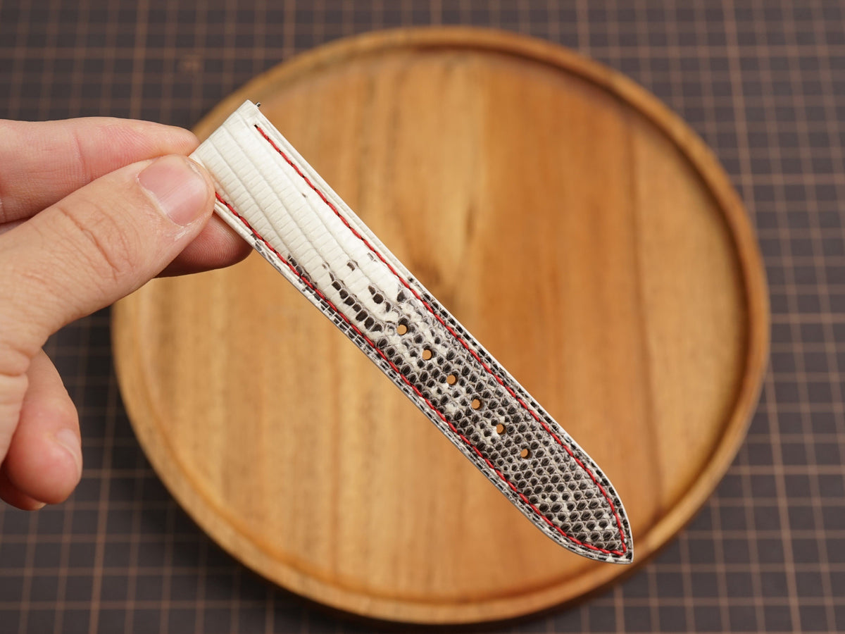 Bespoke Black White Lizard Leather Watch Strap with Red Stitching, Dress Watch Band