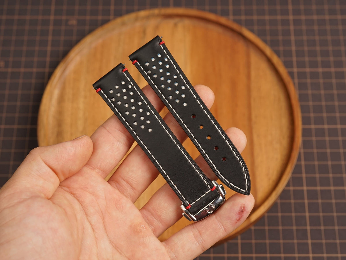 Bespoke Black White Rally Buttero Leather Watch Strap for Omega with Deployant Clasp