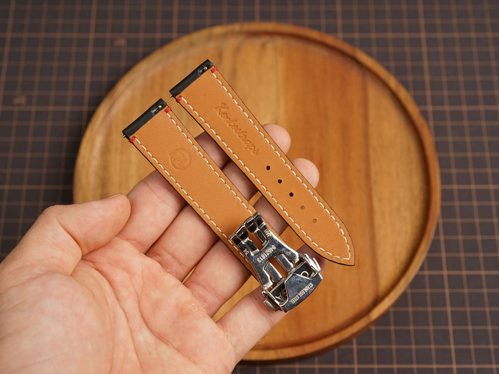 Bespoke Black White Rally Buttero Leather Watch Strap for Omega with Deployant Clasp