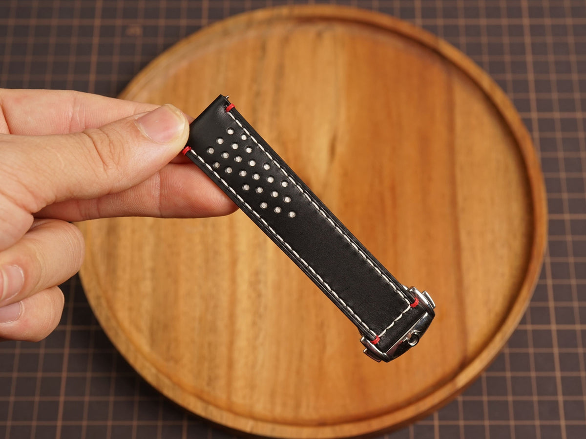 Bespoke Black White Rally Buttero Leather Watch Strap for Omega with Deployant Clasp