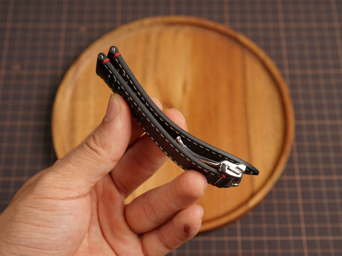 Bespoke Black White Rally Buttero Leather Watch Strap for Omega with Deployant Clasp