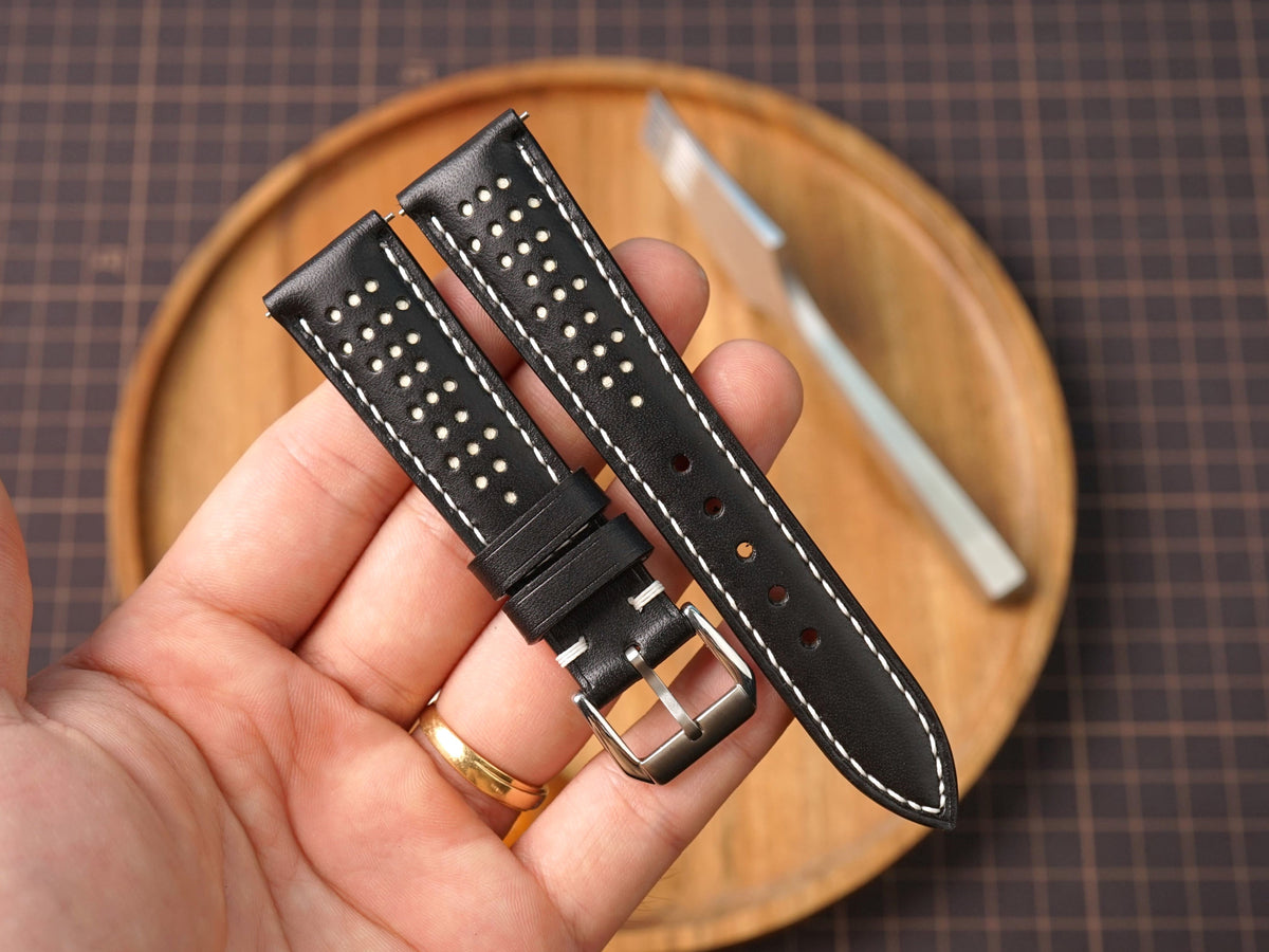 Bespoke Black White Rally Racing Leather Watch Strap, Perforated Watch Band