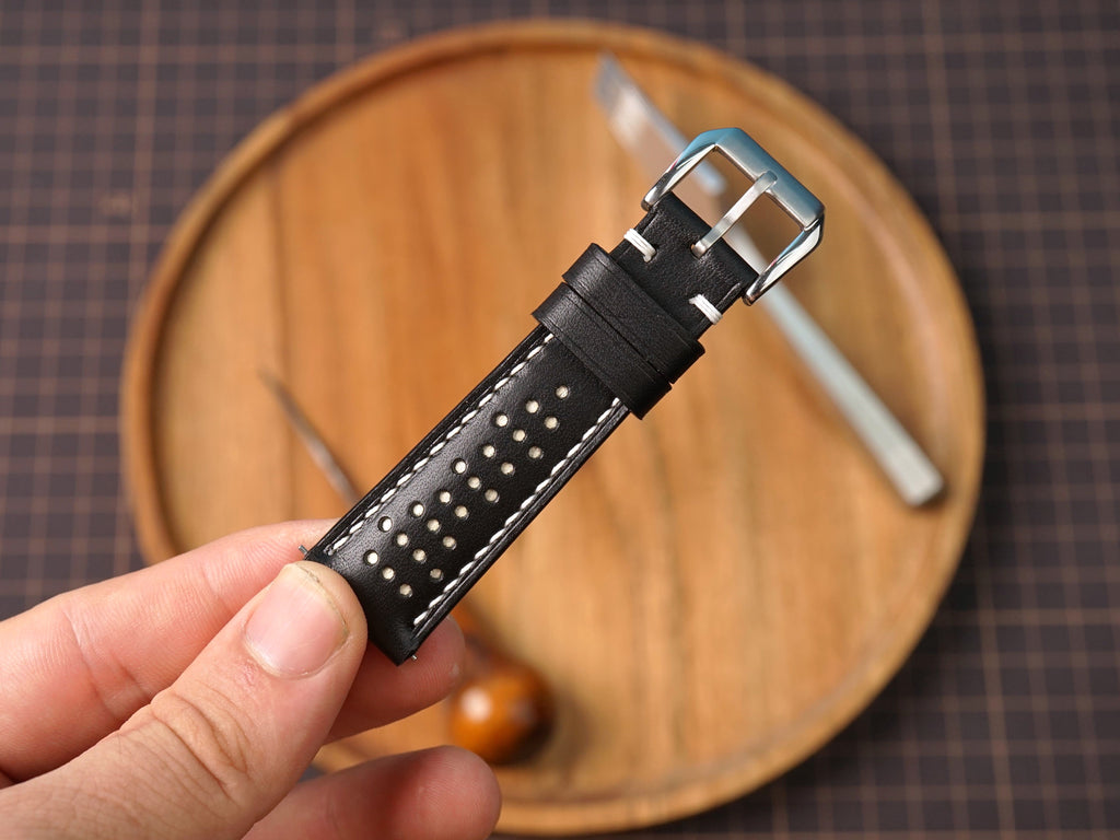Bespoke Black White Rally Racing Leather Watch Strap, Perforated Watch Band