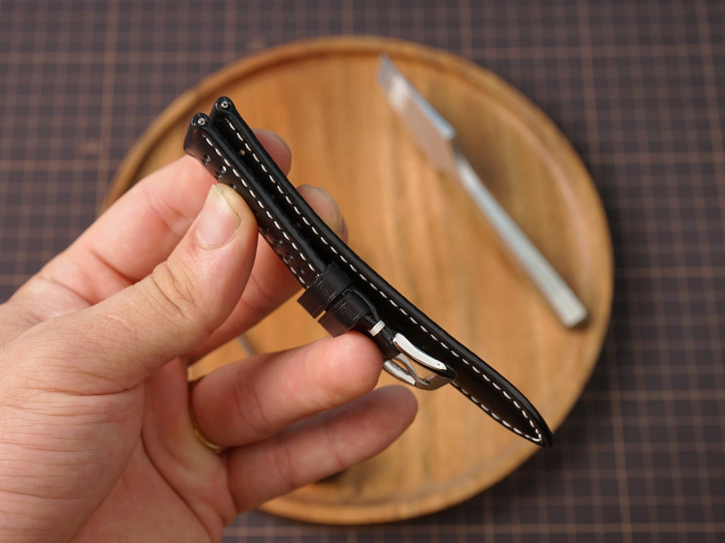 Bespoke Black White Rally Racing Leather Watch Strap, Perforated Watch Band