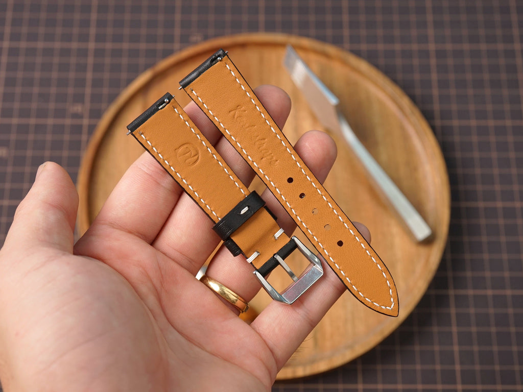 Bespoke Black White Rally Racing Leather Watch Strap, Perforated Watch Band