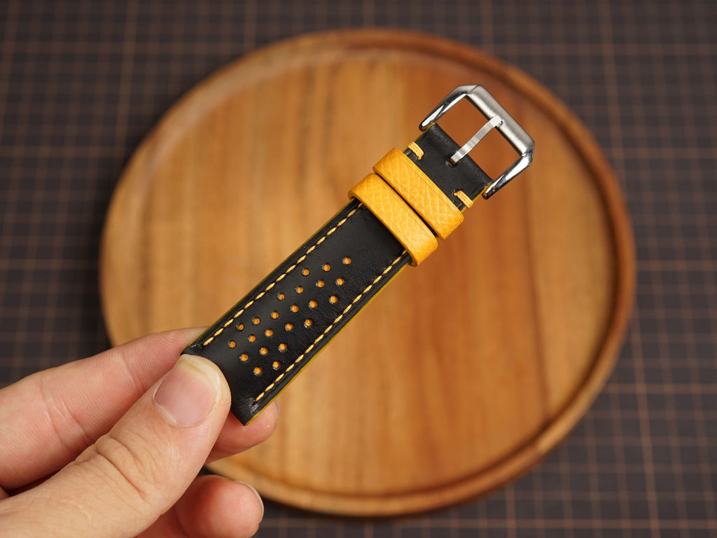 Bespoke Black Yellow Rally Racing Buttero Leather Watch Strap, Perforated Watch Band