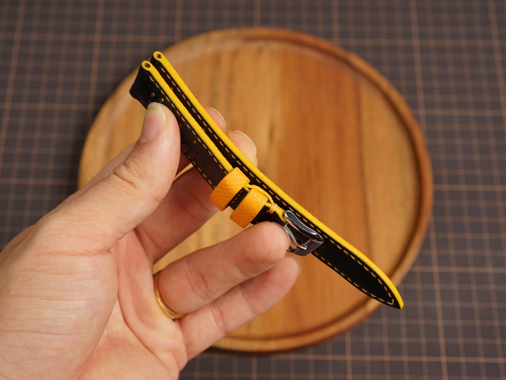 Bespoke Black Yellow Rally Racing Buttero Leather Watch Strap, Perforated Watch Band