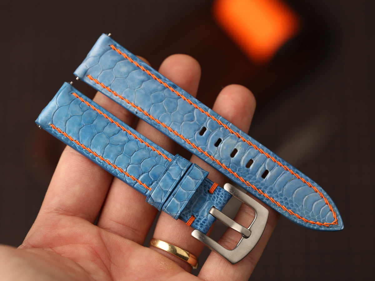Bespoke Sky Blue Chicken Leg Leather Watch Strap with Orange Stitching, Dress Watch Band