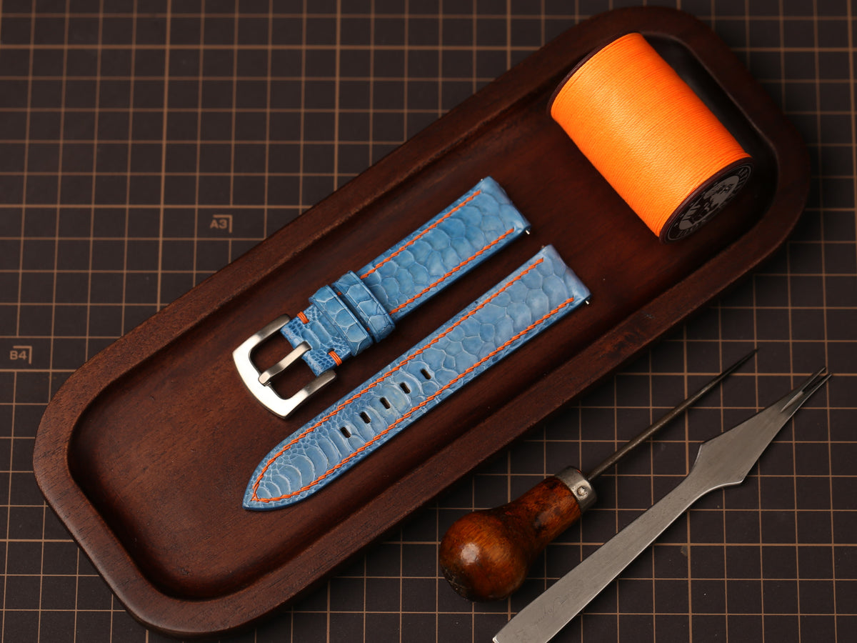 Bespoke Sky Blue Chicken Leg Leather Watch Strap with Orange Stitching, Dress Watch Band