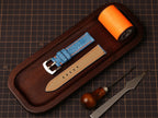 Bespoke Sky Blue Chicken Leg Leather Watch Strap with Orange Stitching, Dress Watch Band