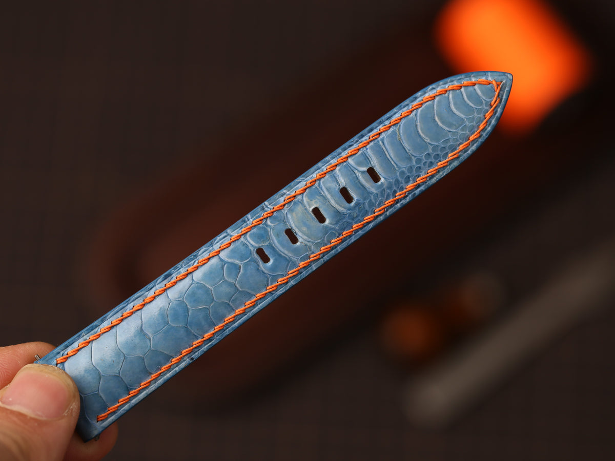 Bespoke Sky Blue Chicken Leg Leather Watch Strap with Orange Stitching, Dress Watch Band