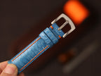 Bespoke Sky Blue Chicken Leg Leather Watch Strap with Orange Stitching, Dress Watch Band