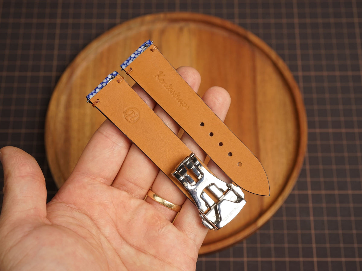 Bespoke Blue Double Pearl Stingray Leather Watch Strap for Omega with Deployant Clasp