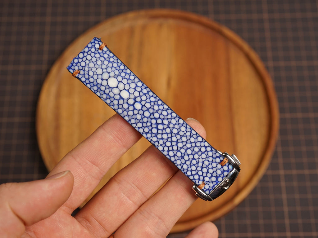 Bespoke Blue Double Pearl Stingray Leather Watch Strap for Omega with Deployant Clasp