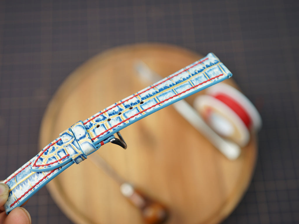 Bespoke Blue Red Yellow Exotic Alligator Leather Watch Strap, Dress Watch Band