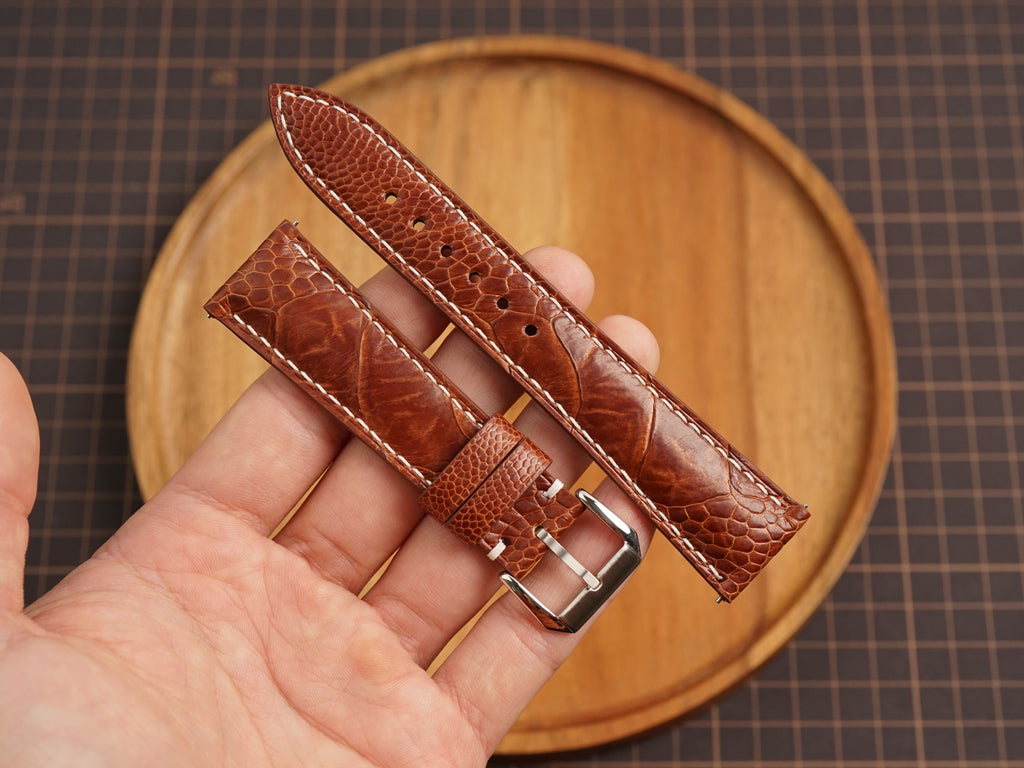 Bespoke Brown Ostrich Leather Watch Strap White Stitching, Dress Watch Band