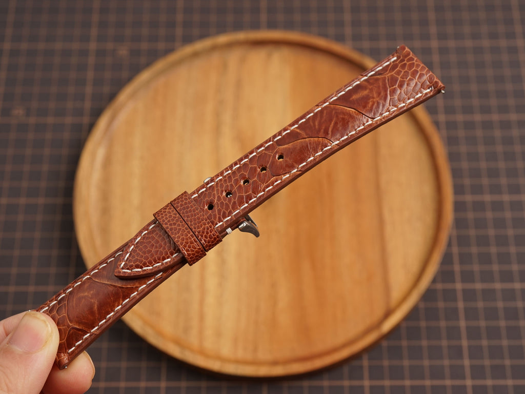 Bespoke Brown Ostrich Leather Watch Strap White Stitching, Dress Watch Band