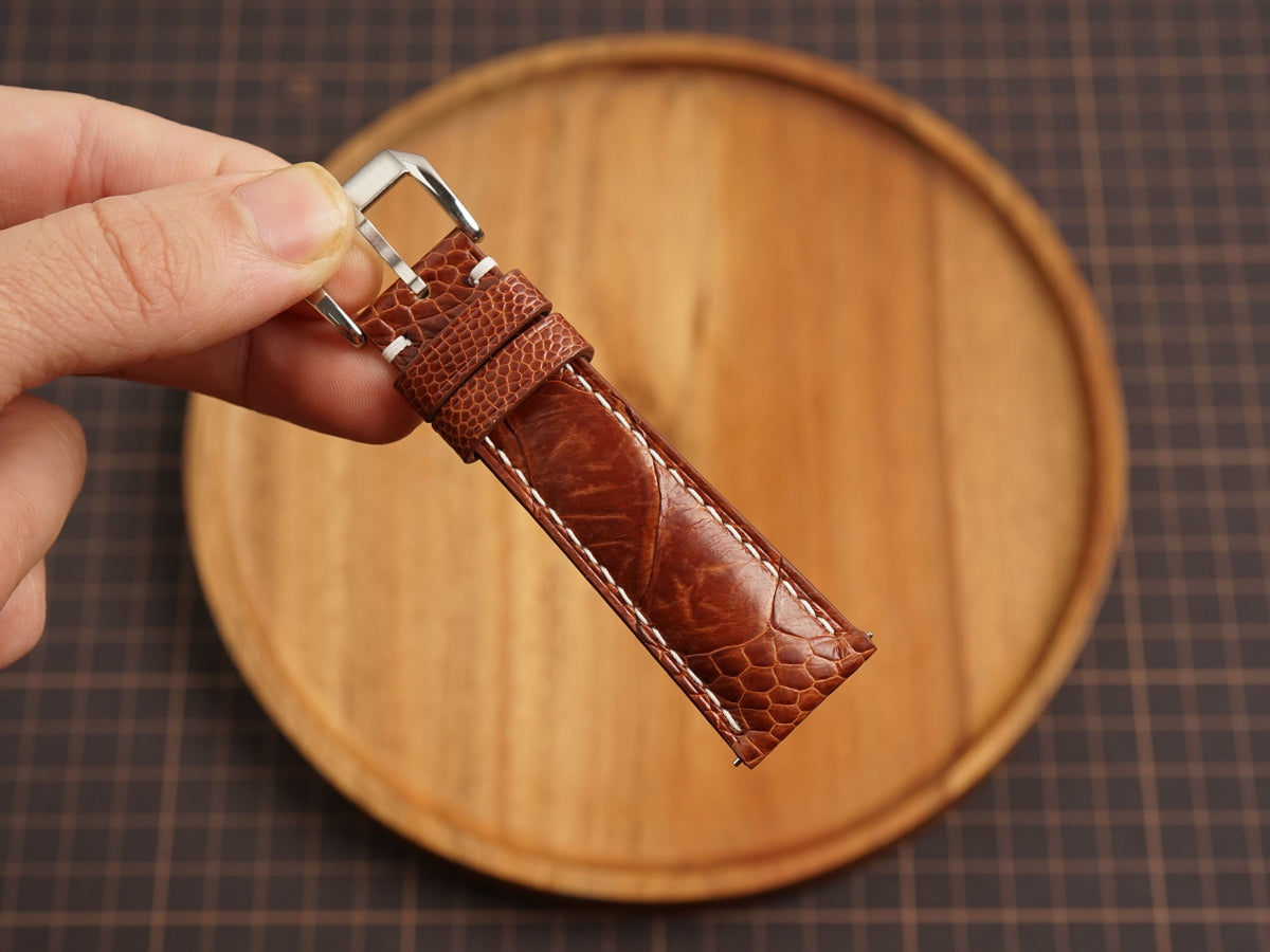 Bespoke Brown Ostrich Leather Watch Strap White Stitching, Dress Watch Band