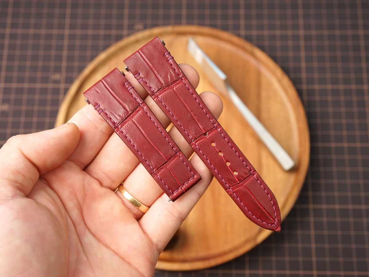 Bespoke Burgundy Alligator Leather Watch Strap for Cartier Santos, Roadster, Dumont