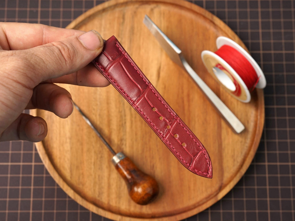 Bespoke Burgundy Alligator Leather Watch Strap for Omega with Deployant Clasp
