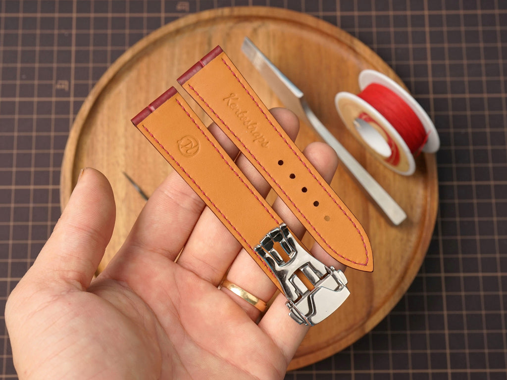 Bespoke Burgundy Alligator Leather Watch Strap for Omega with Deployant Clasp