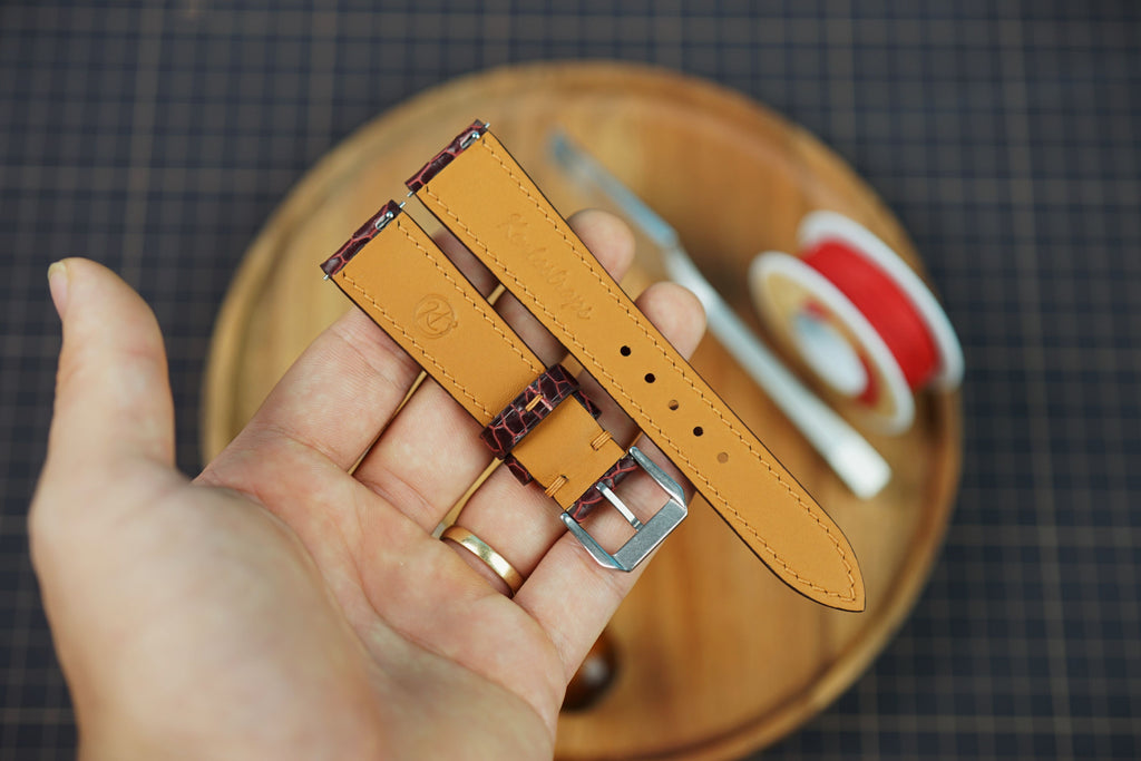 Bespoke Burgundy Beaver Tail Leather Watch Strap, Exotic Leather Watch Band