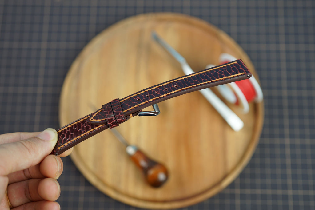 Bespoke Burgundy Beaver Tail Leather Watch Strap, Exotic Leather Watch Band