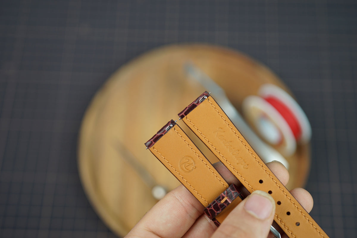 Bespoke Burgundy Beaver Tail Leather Watch Strap, Exotic Leather Watch Band