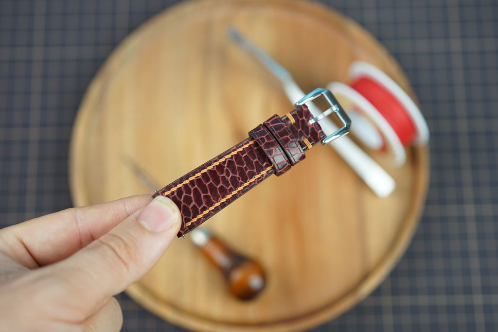 Bespoke Burgundy Beaver Tail Leather Watch Strap, Exotic Leather Watch Band