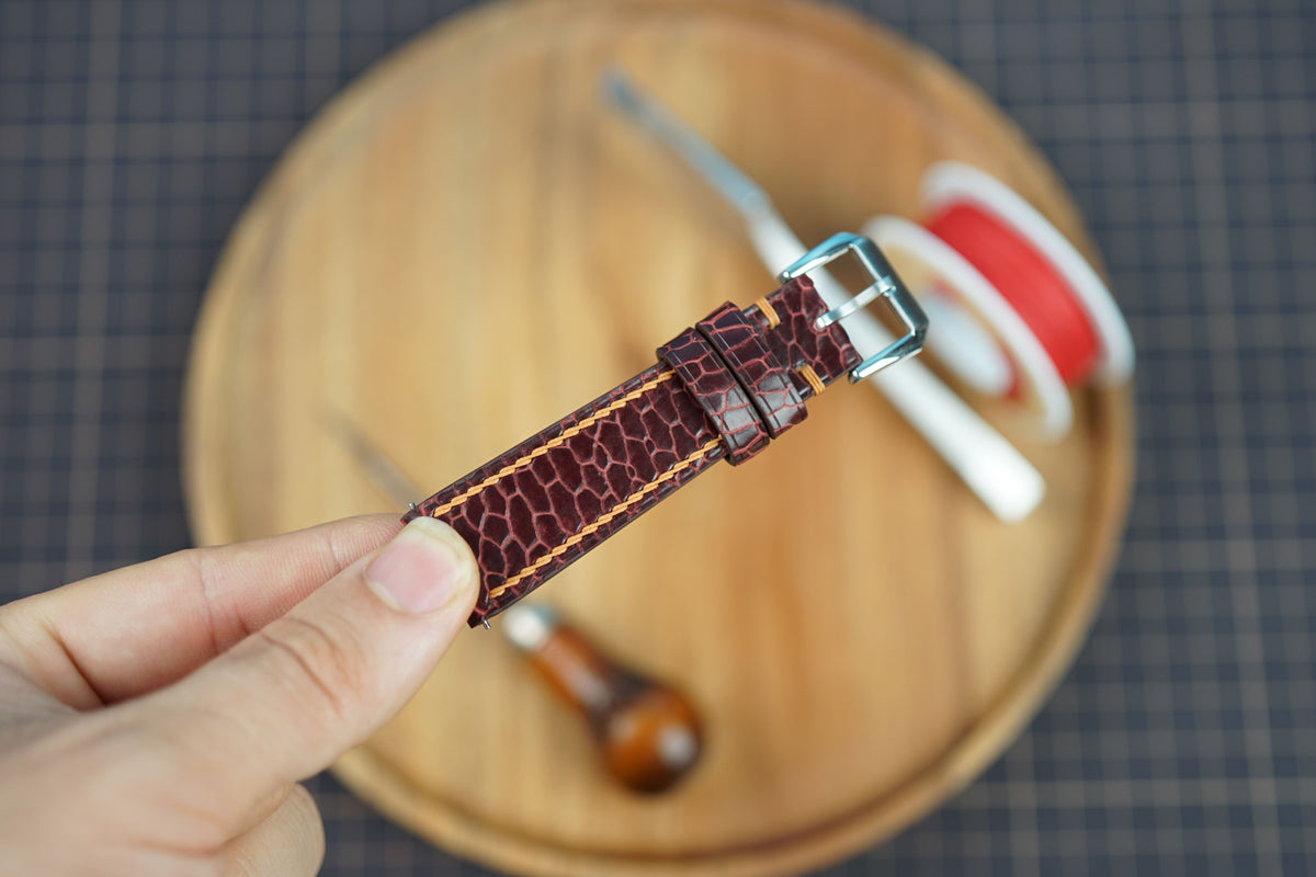 Bespoke Burgundy Beaver Tail Leather Watch Strap, Exotic Leather Watch Band
