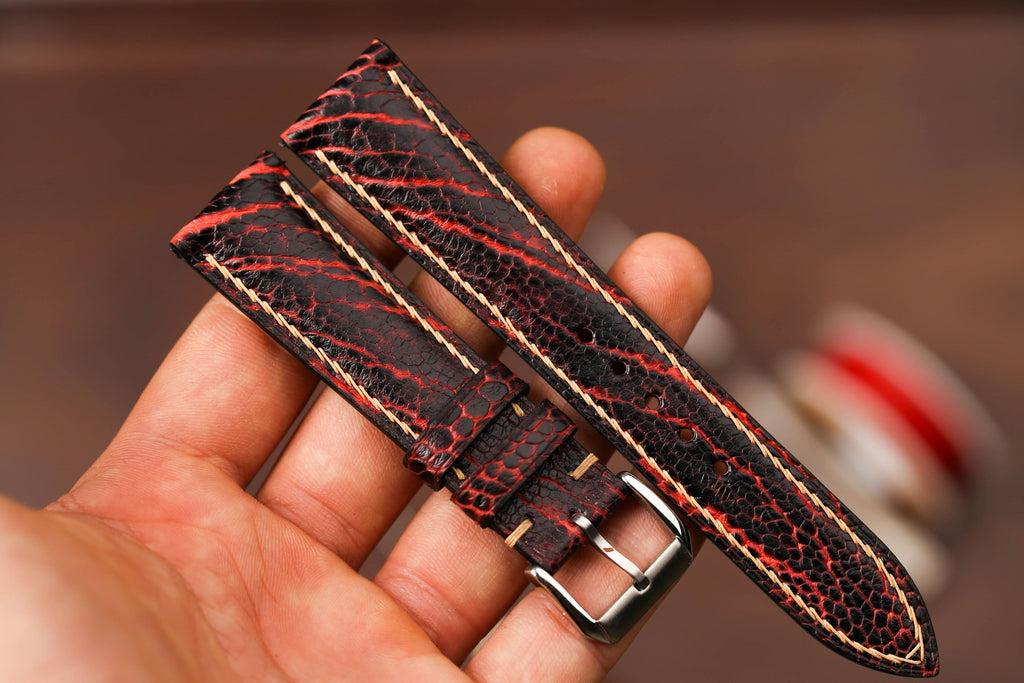 Bespoke Burgundy Black Ostrich Leather Watch Strap, Exotic Leather Watch Band