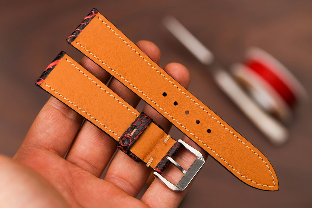 Bespoke Burgundy Black Ostrich Leather Watch Strap, Exotic Leather Watch Band