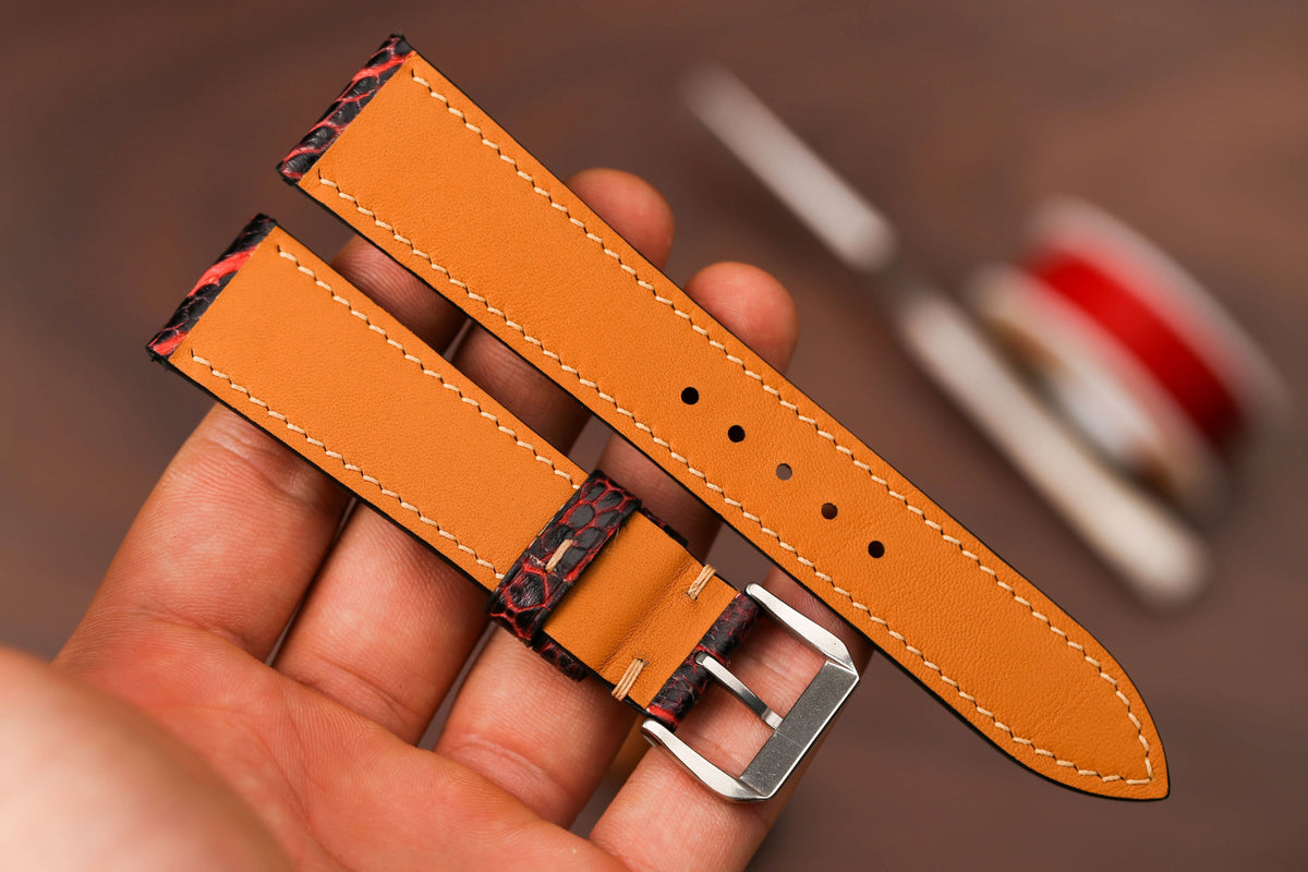 Bespoke Burgundy Black Ostrich Leather Watch Strap, Exotic Leather Watch Band