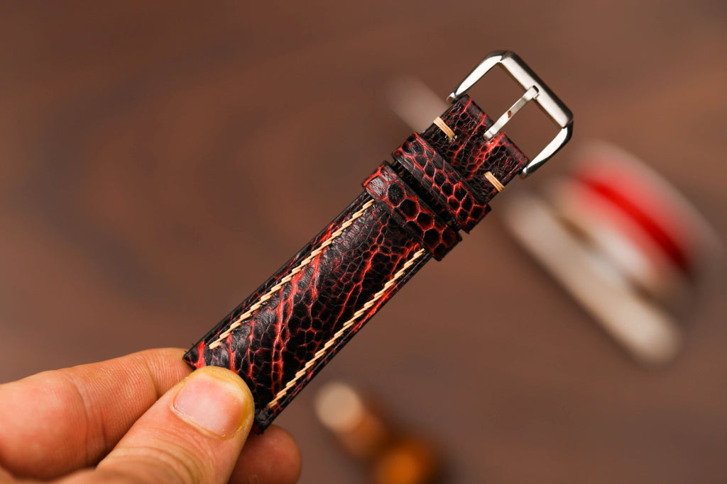 Bespoke Burgundy Black Ostrich Leather Watch Strap, Exotic Leather Watch Band