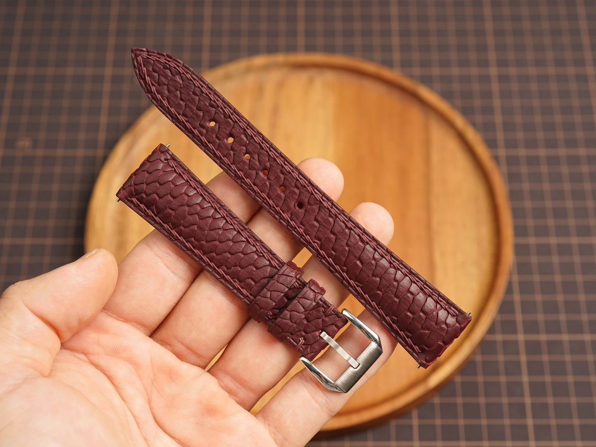 Bespoke Burgundy Nubuck Beaver Tail Exotic Leather Watch Strap, Dress Watch Band