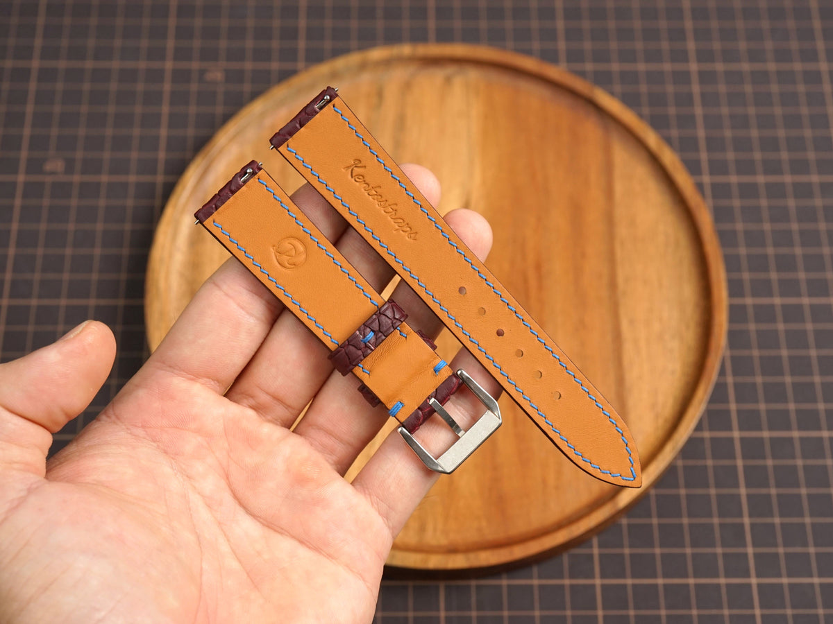 Bespoke Burgundy Beaver Tail Leather Watch Strap with Blue Thread