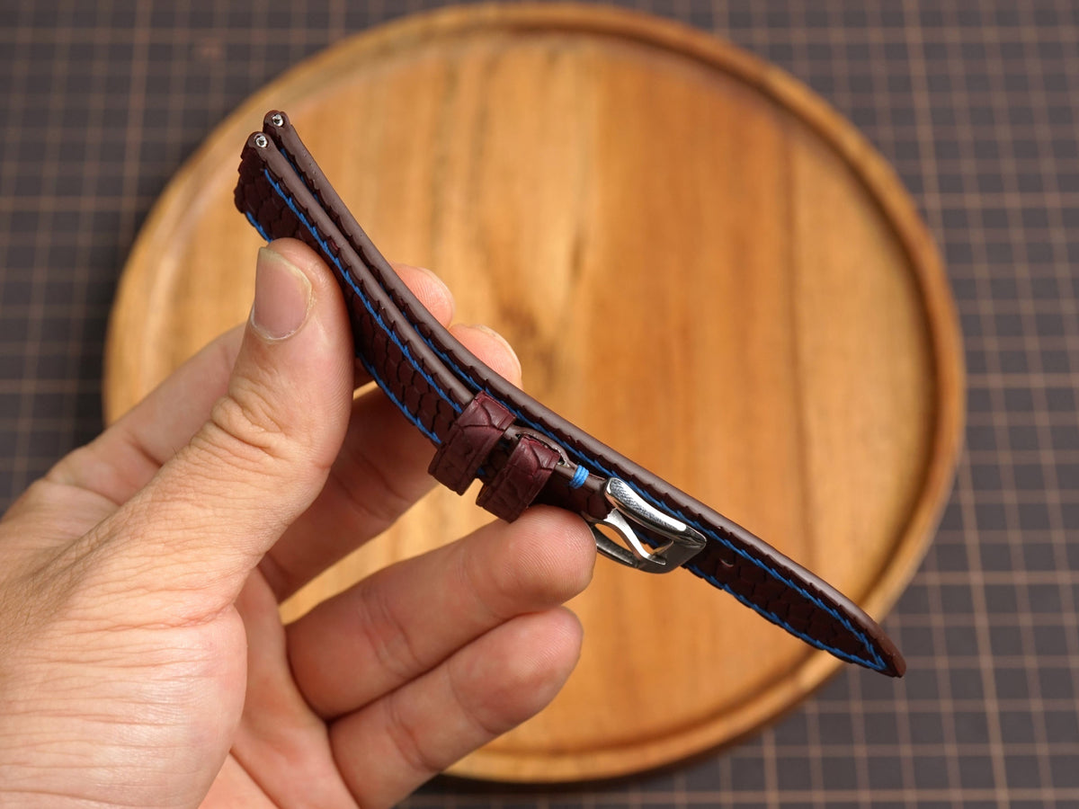 Bespoke Burgundy Beaver Tail Leather Watch Strap with Blue Thread