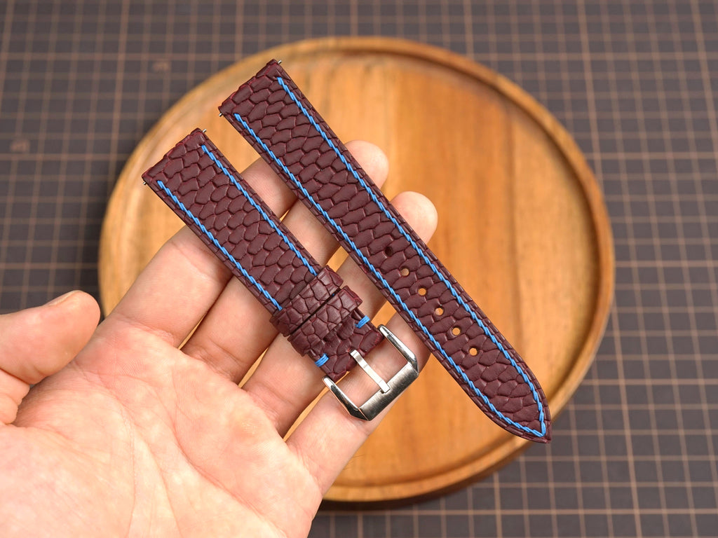 Bespoke Burgundy Beaver Tail Leather Watch Strap with Blue Thread