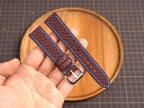 Bespoke Burgundy Beaver Tail Leather Watch Strap with Blue Thread