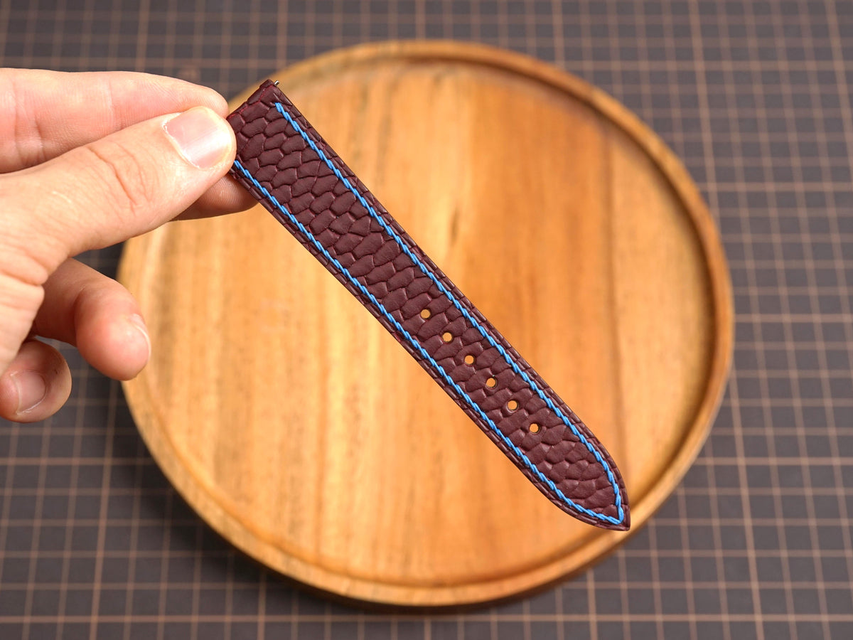Bespoke Burgundy Beaver Tail Leather Watch Strap with Blue Thread