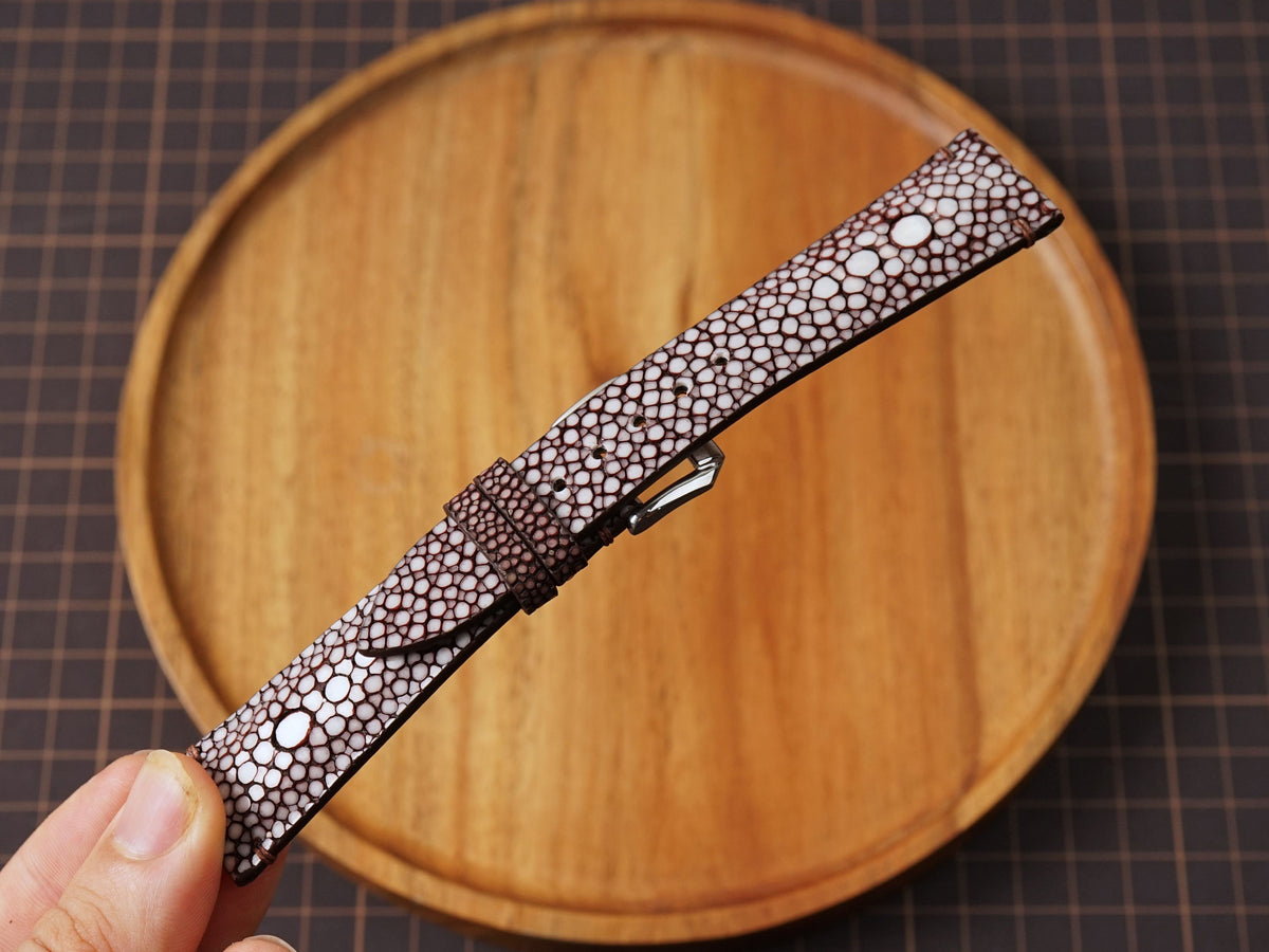 Bespoke Choco Brown Double Pearl Stingray Leather Watch Strap, Dress Watch Band