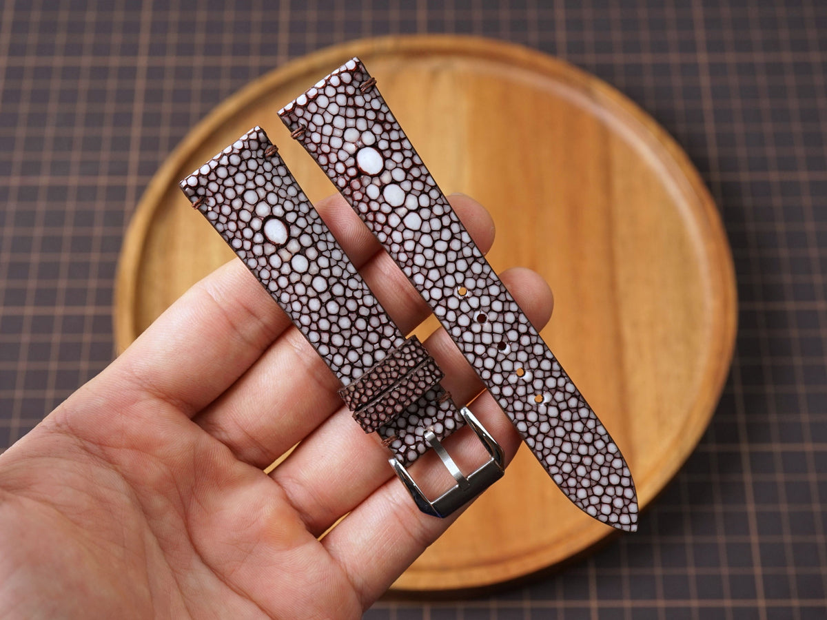 Bespoke Choco Brown Double Pearl Stingray Leather Watch Strap, Dress Watch Band