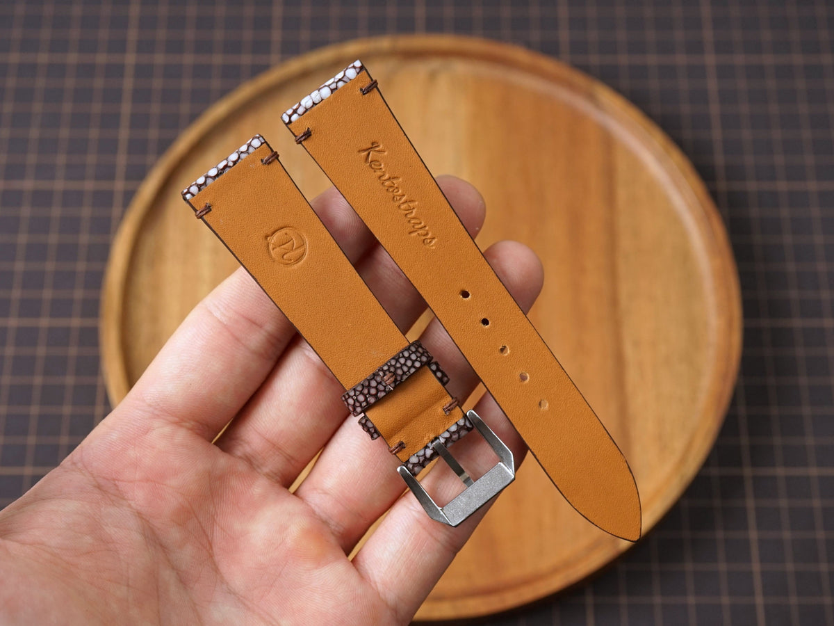 Bespoke Choco Brown Double Pearl Stingray Leather Watch Strap, Dress Watch Band