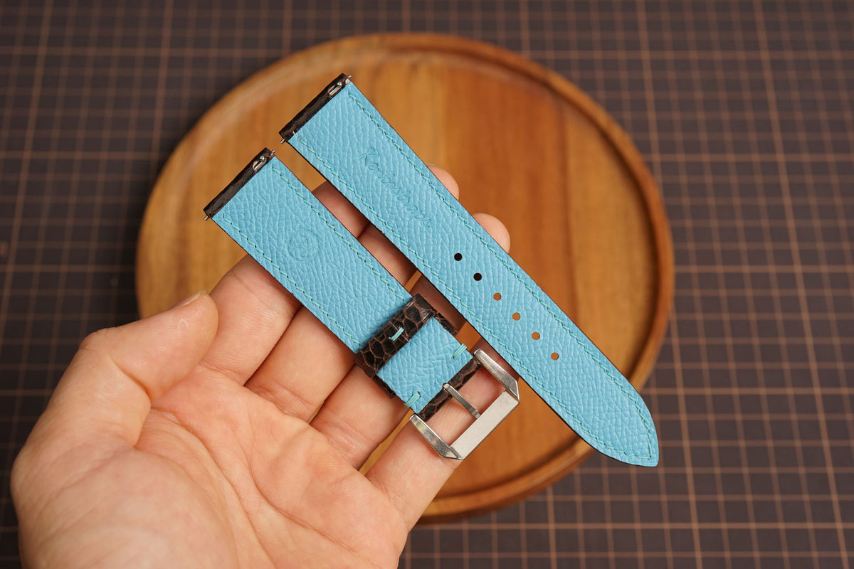 Bespoke Choco Brown Beaver Tail Leather Watch Strap with Blue Stitching