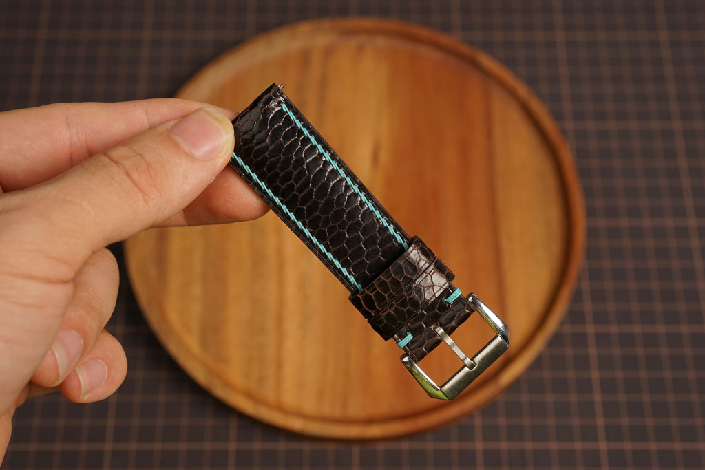 Bespoke Choco Brown Beaver Tail Leather Watch Strap with Blue Stitching