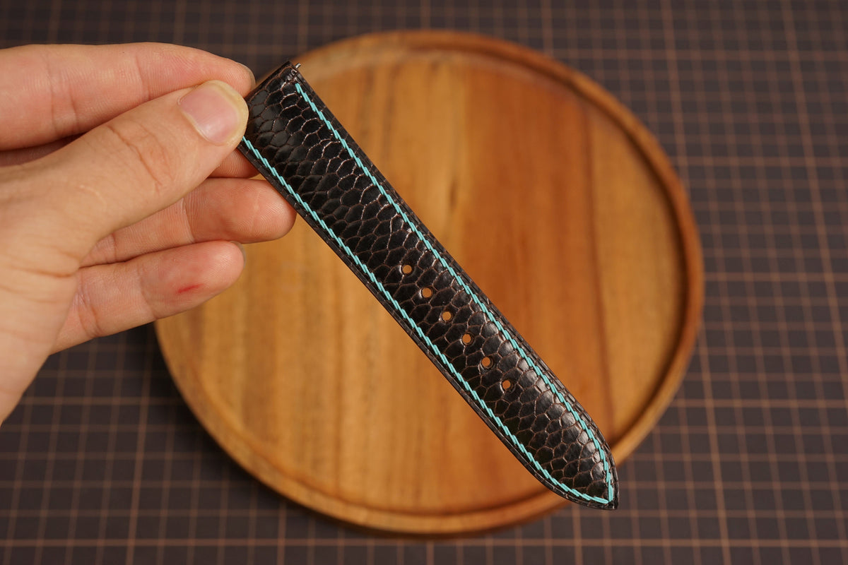Bespoke Choco Brown Beaver Tail Leather Watch Strap with Blue Stitching