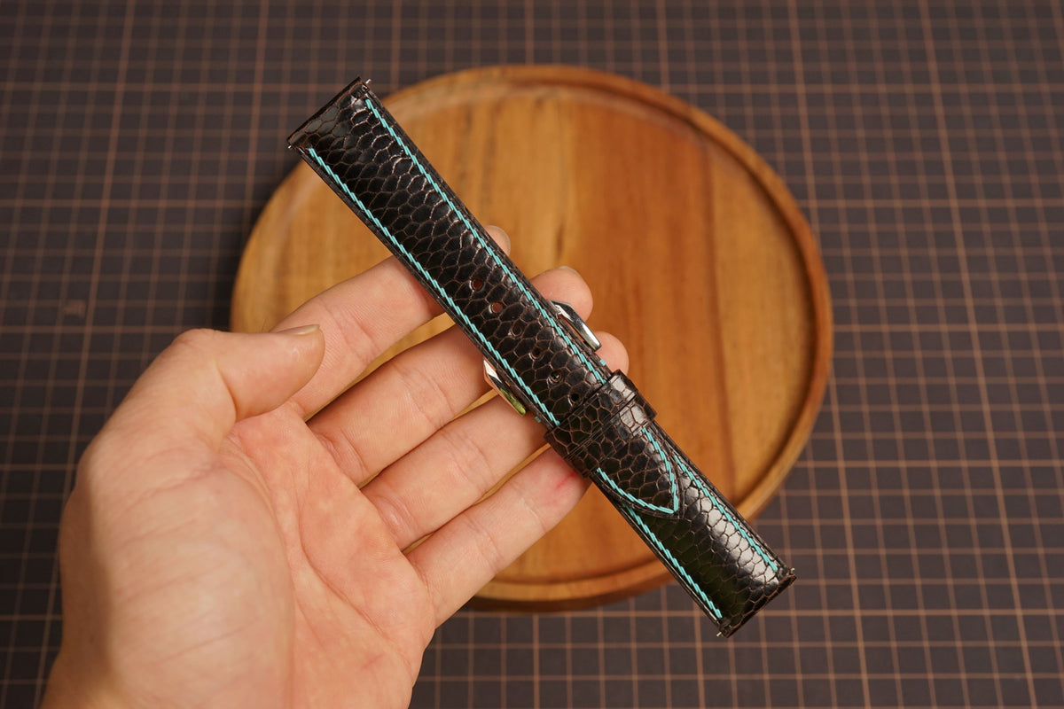 Bespoke Choco Brown Beaver Tail Leather Watch Strap with Blue Stitching