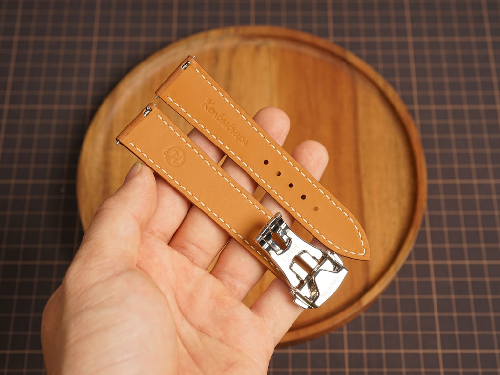 Bespoke Cognac Brown Calf Leather Watch Strap for Omega with Deployant Clasp