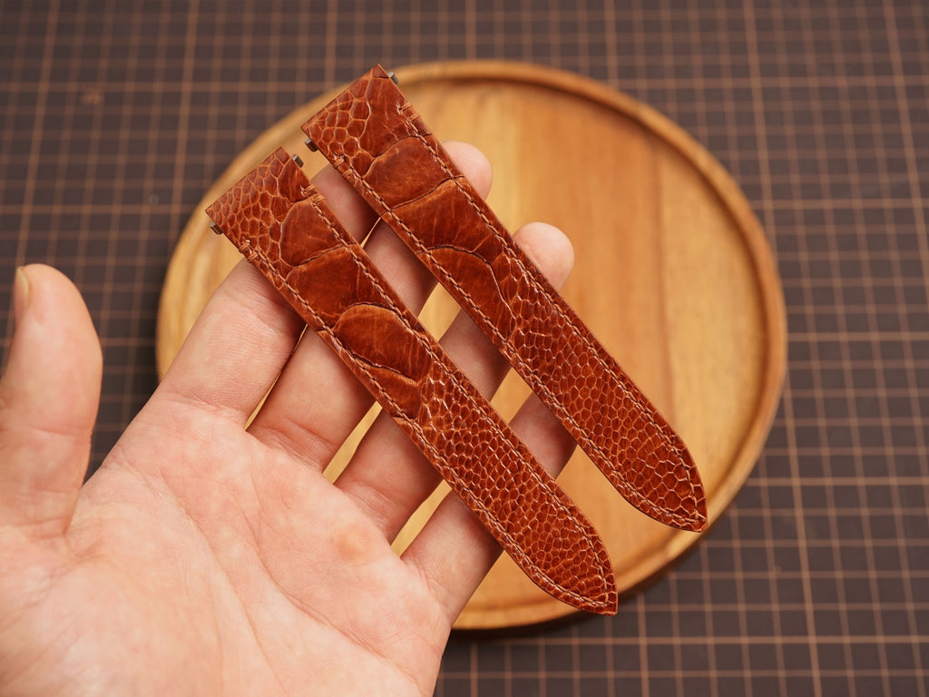 Bespoke Cognac Ostrich Leather Watch Strap for Cartier Santos, Roadster, Dumont