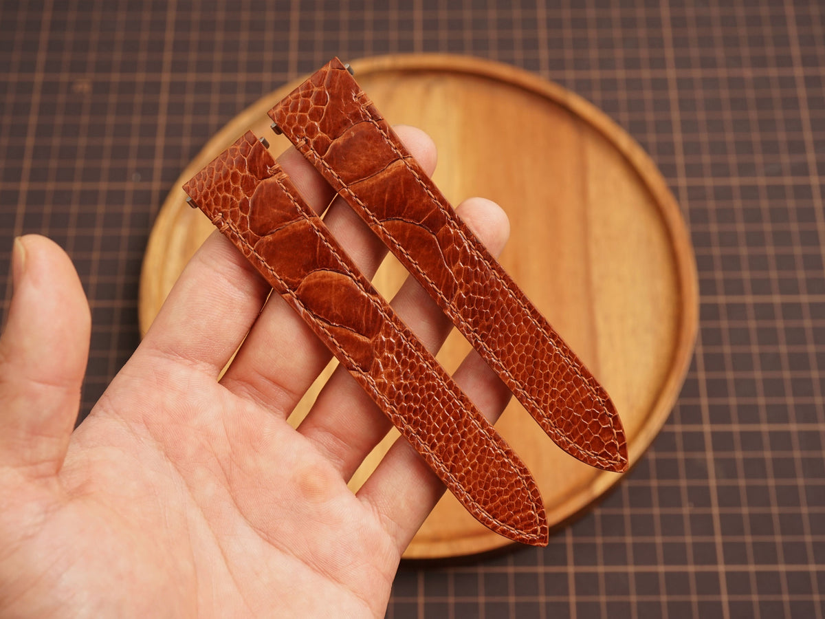 Bespoke Cognac Ostrich Leather Watch Strap for Cartier Santos, Roadster, Dumont